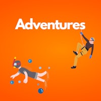 two people are jumping on an orange background with the words adventures