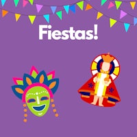 a purple background with two colorful masks and a banner with the words fiestas